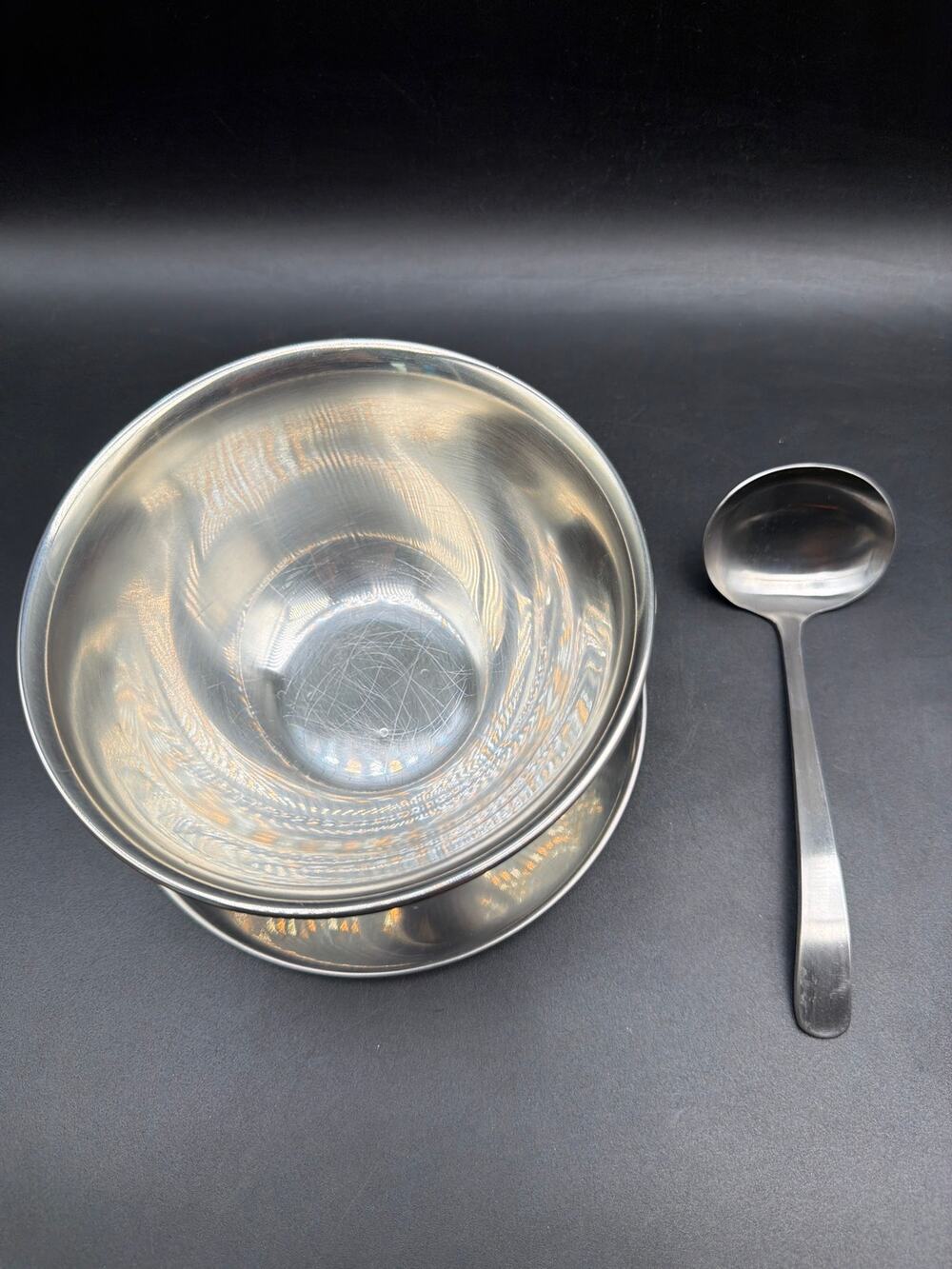 Vintage Oneida Stainless Steel Footed Serving Bowl Compote Vegetable Bowl 5.5”